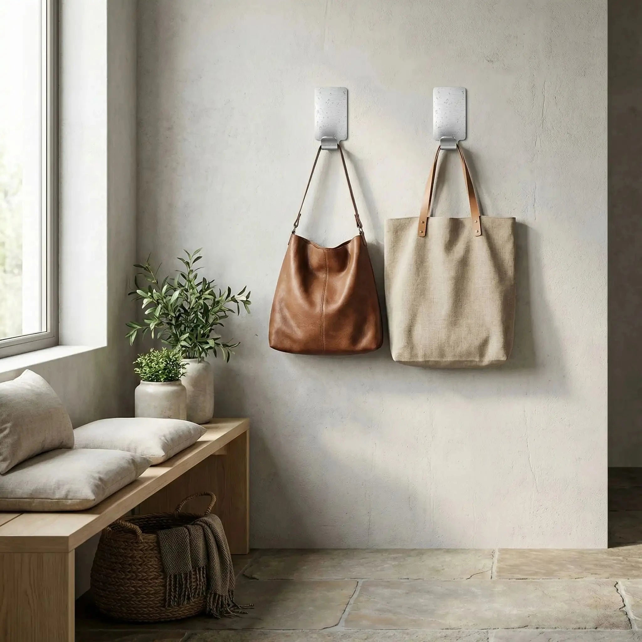 Crochets muraux adhésifs en inox sans perçage, utilisés pour suspendre sacs dans une entrée minimaliste.