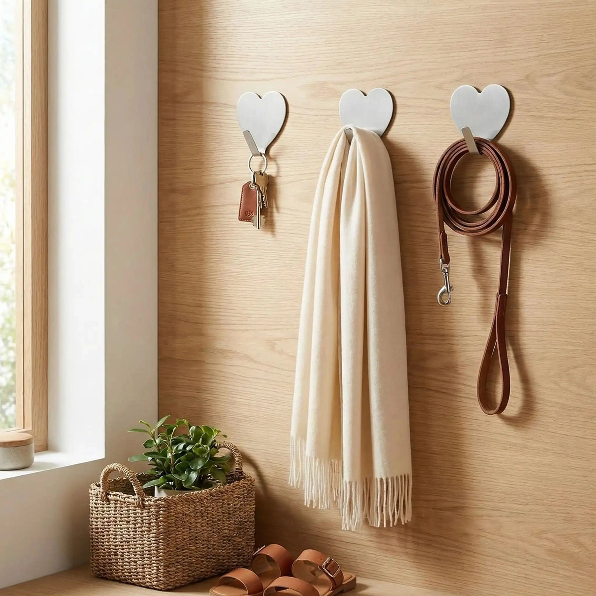 Crochets muraux coeur fixation solide sans perçage sur panneau bois clair pour clés, écharpe et accessoires