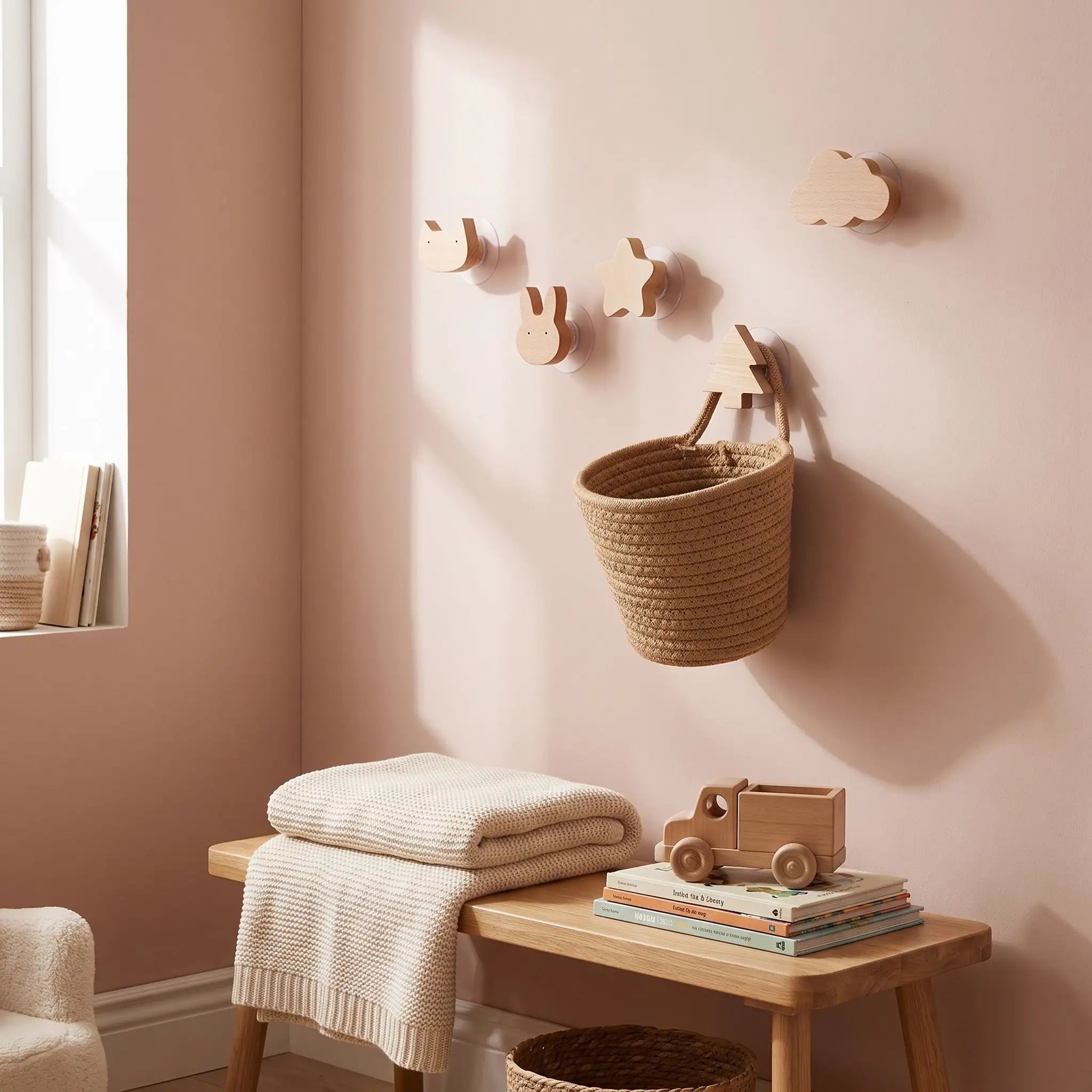 Crochet mural sans perçage en bois naturel, parfait pour optimiser l’espace mural sans abîmer le mur