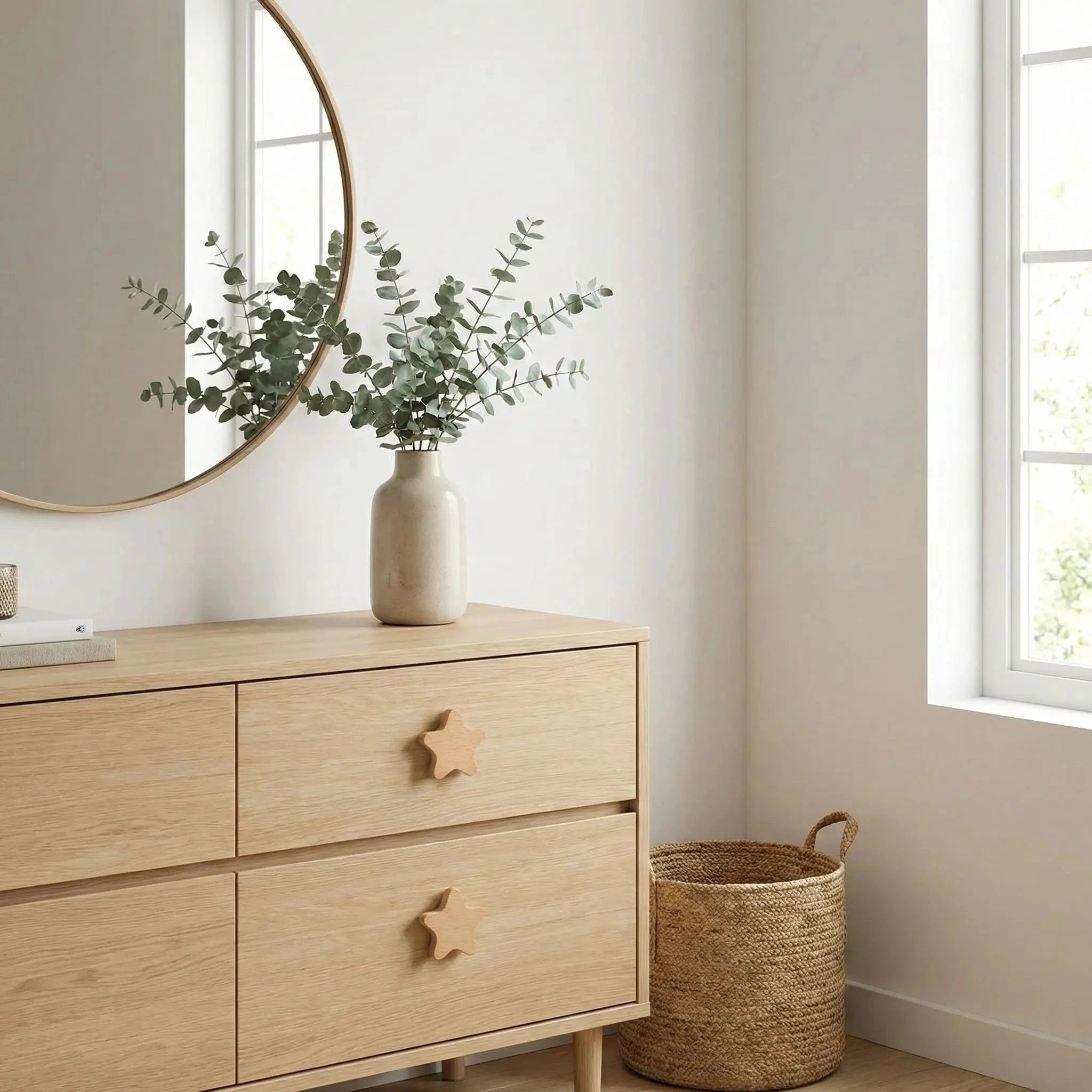 Poignée de meuble en bois forme étoile dans décoration minimaliste