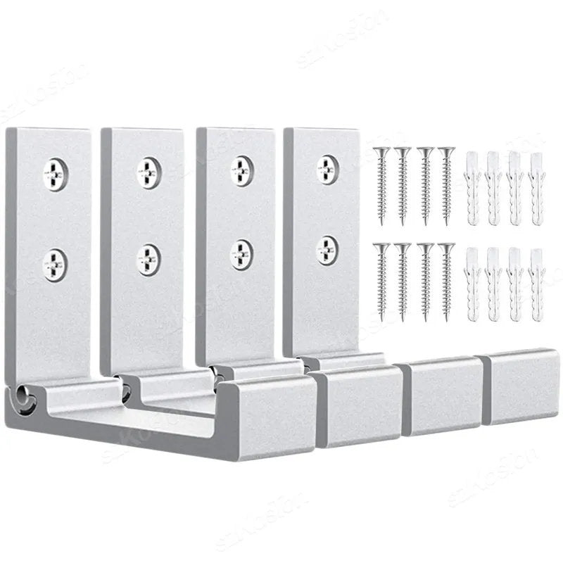 Ensemble de 4 crochets muraux pliables Rangement Signature en aluminium argent sablé avec vis et chevilles de fixation.