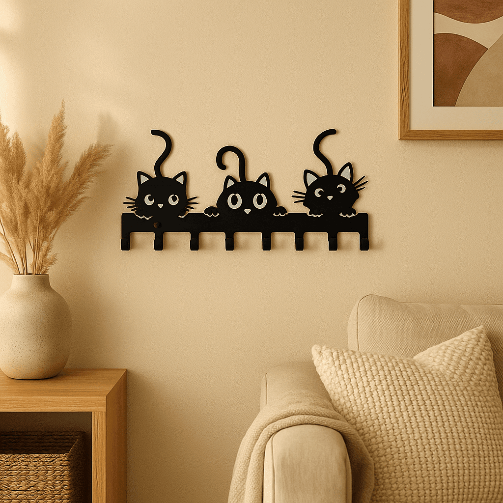 Porte‑manteau mural chats noirs dans salon cosy et harmonieux