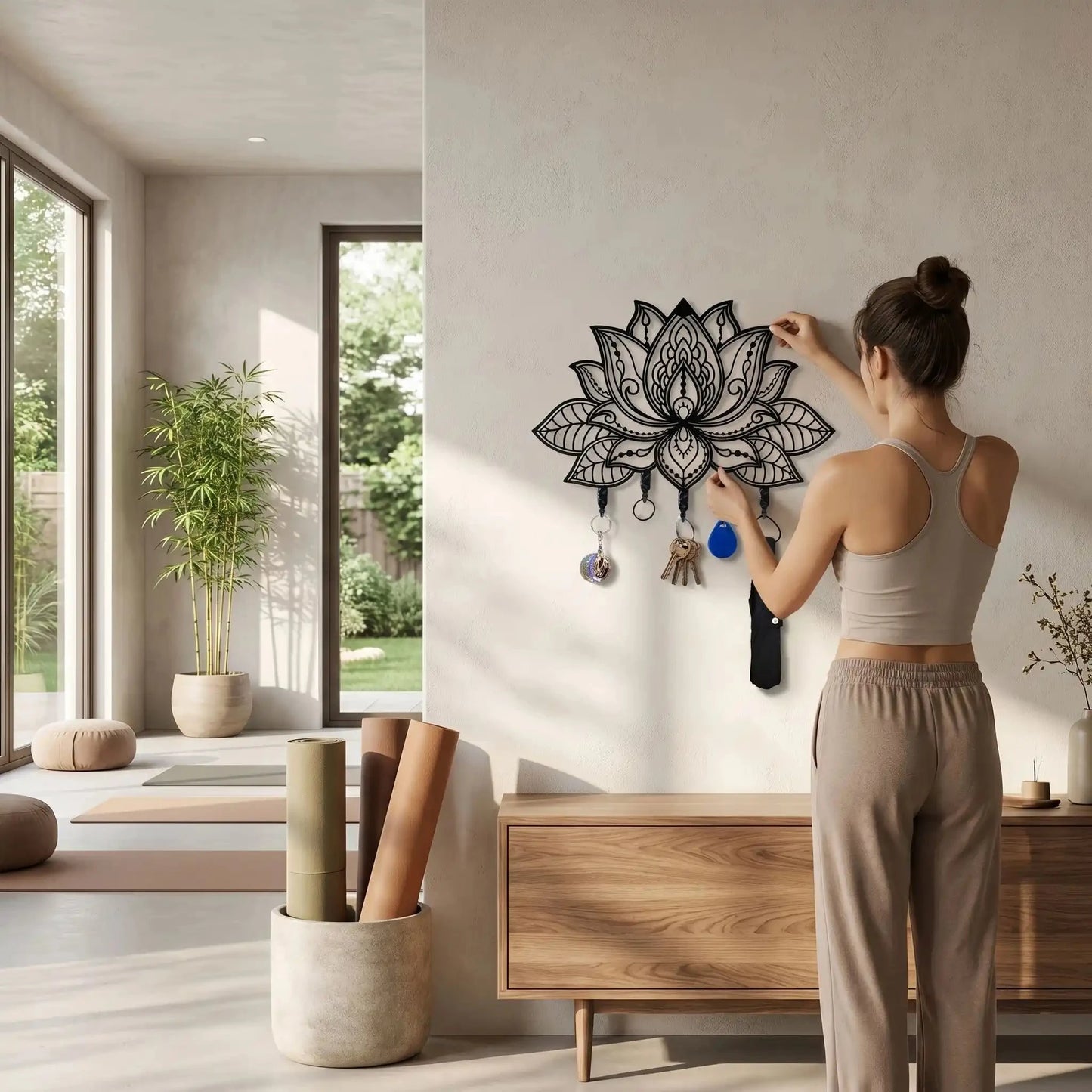 Porte-clés mural lotus métal noir avec crochets solides pour rangement mural