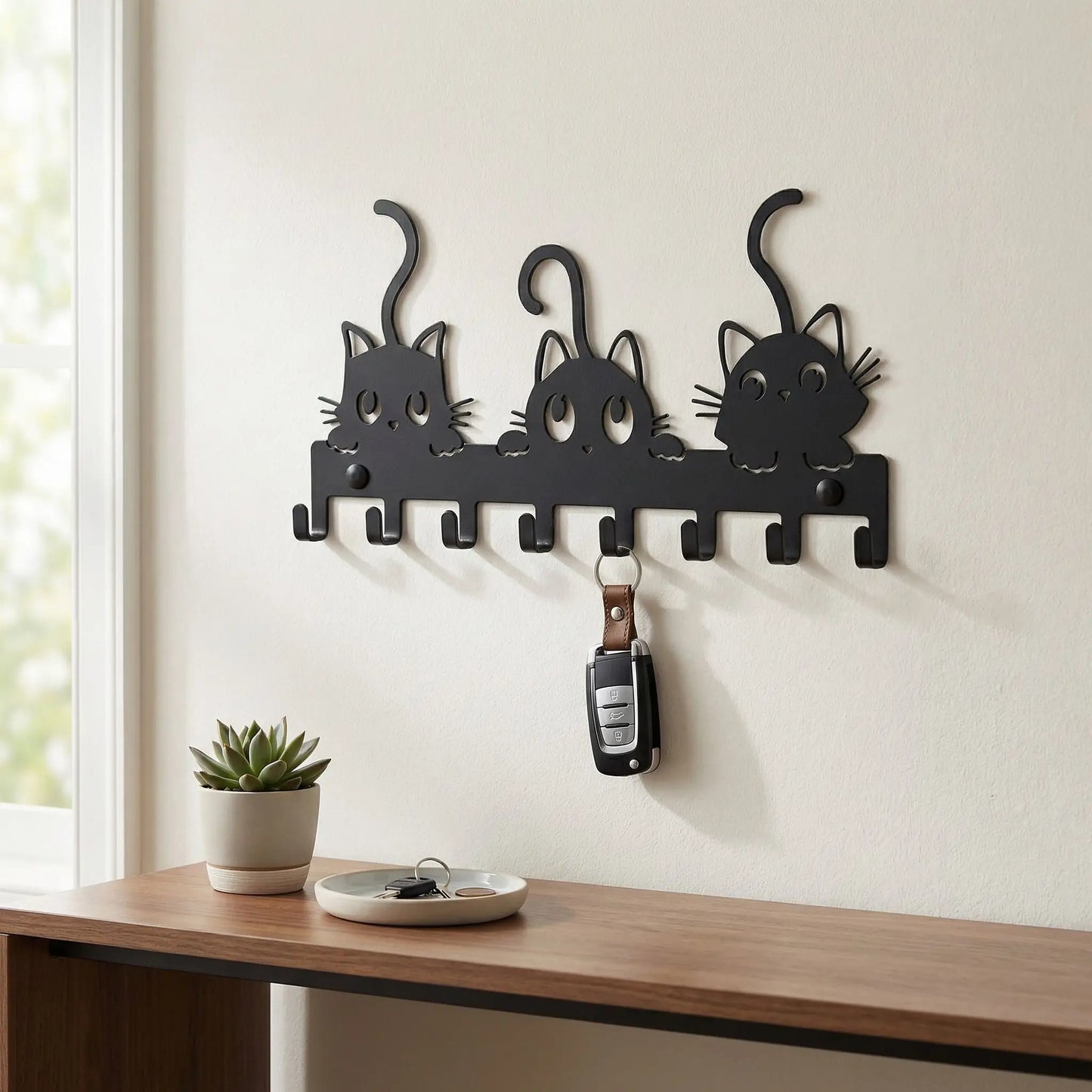 Porte-clé mural MetalCat Coquin en métal noir avec 8 crochets dans une décoration d'entrée moderne.