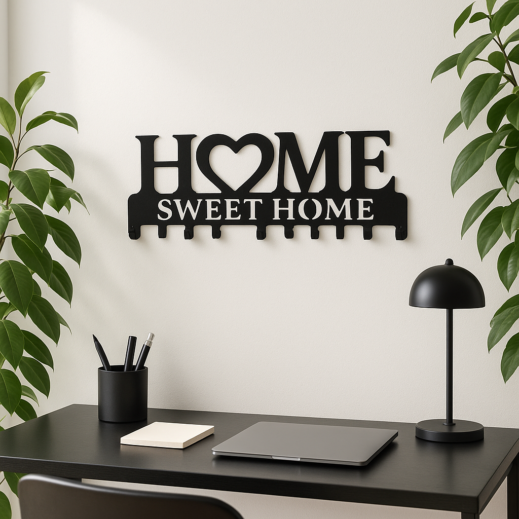 porte cles mural avec bureau et plantes