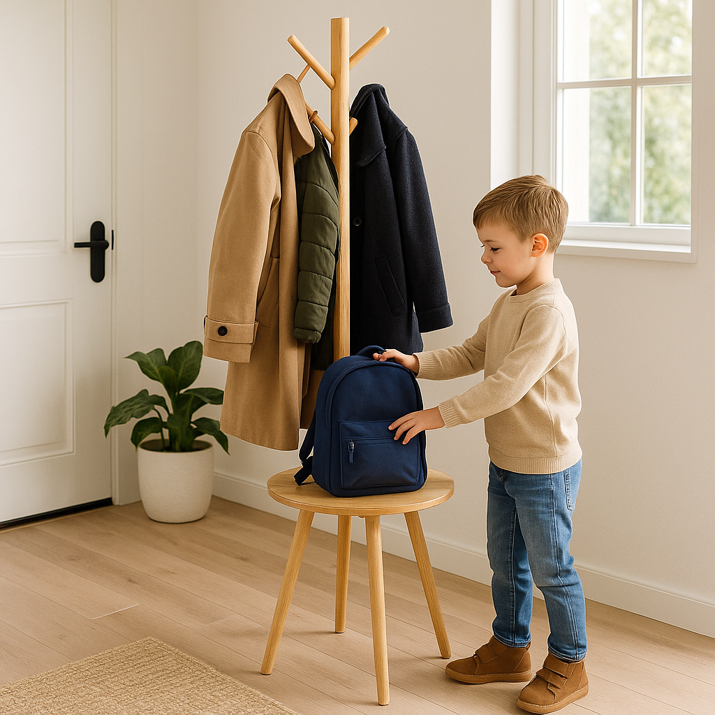 porte manteau bois avec enfant deposant son sac