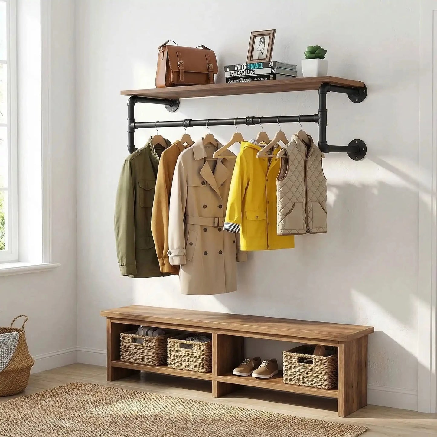 Porte-manteau étagère mural style industriel avec vestes pour toute la famille sur cintre