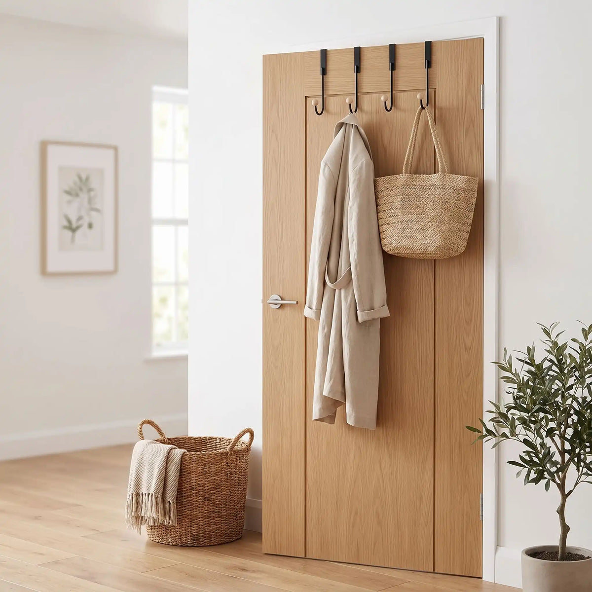 Porte‑manteaux de porte LYKKE™ en acier inoxydable noir, installation instantanée, présentation du lot de 4