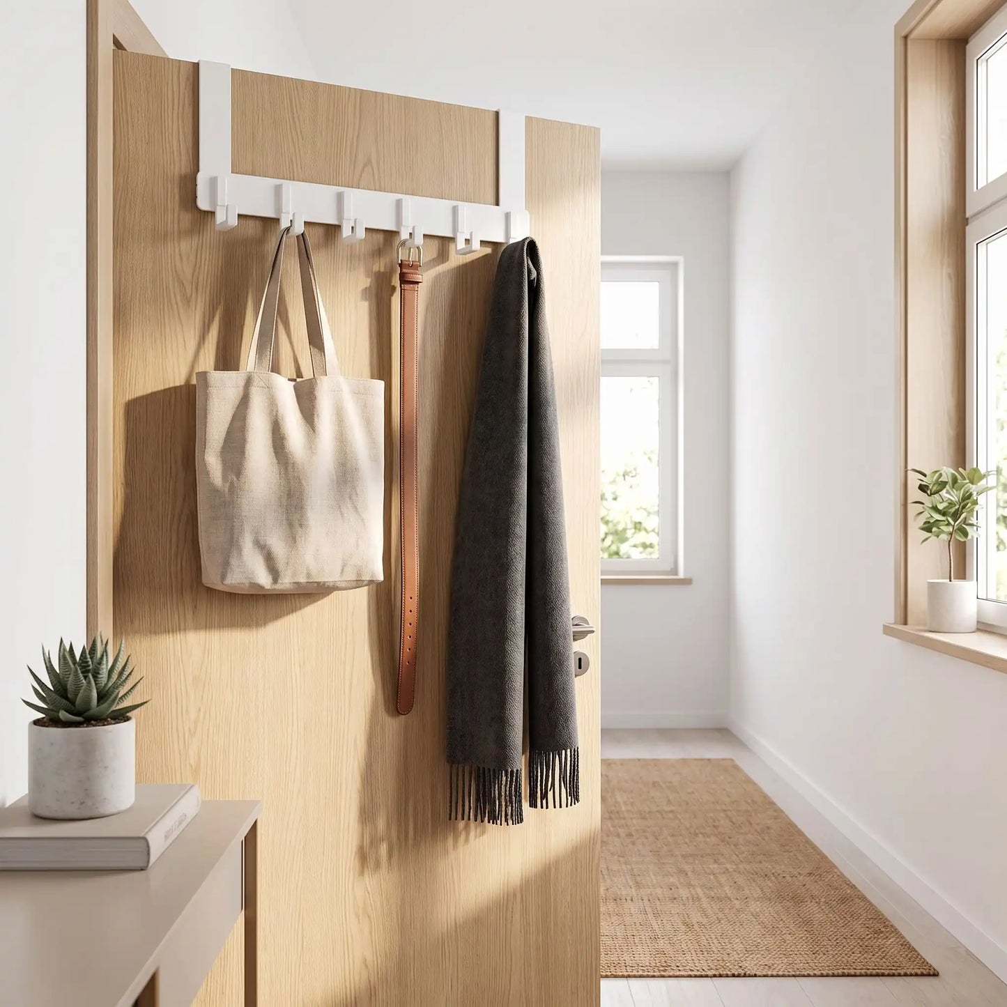 Porte‑manteau de porte LYKKE™ en inox blanc, sans perçage, 6 crochets gain de place