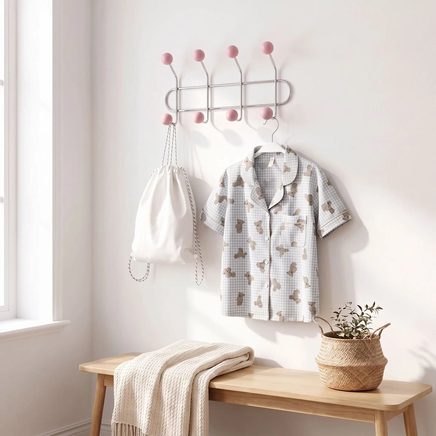 Porte‑manteau mural LYKKE™ vintage rose, crochets doubles robustes (version 4 crochets doubles)