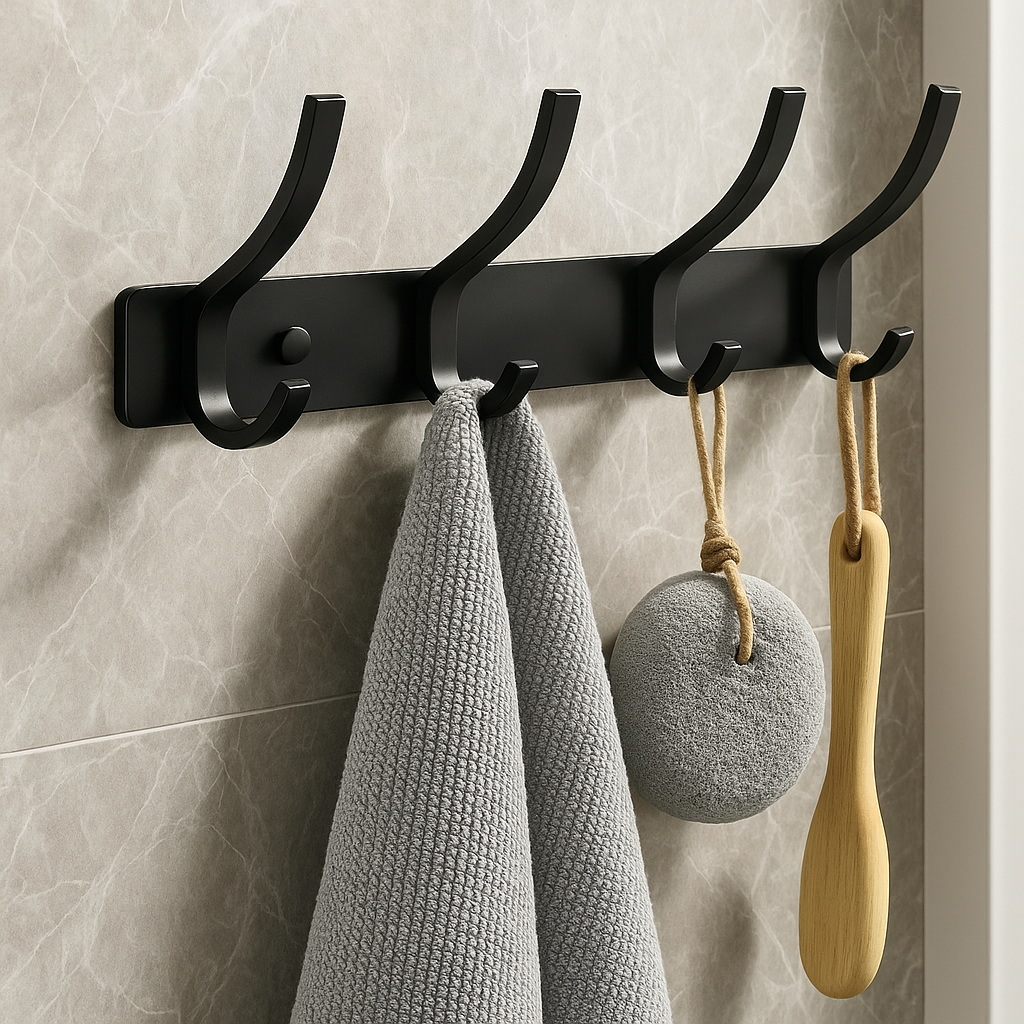 porte manteau mural alumine noir avec serviette et brosse