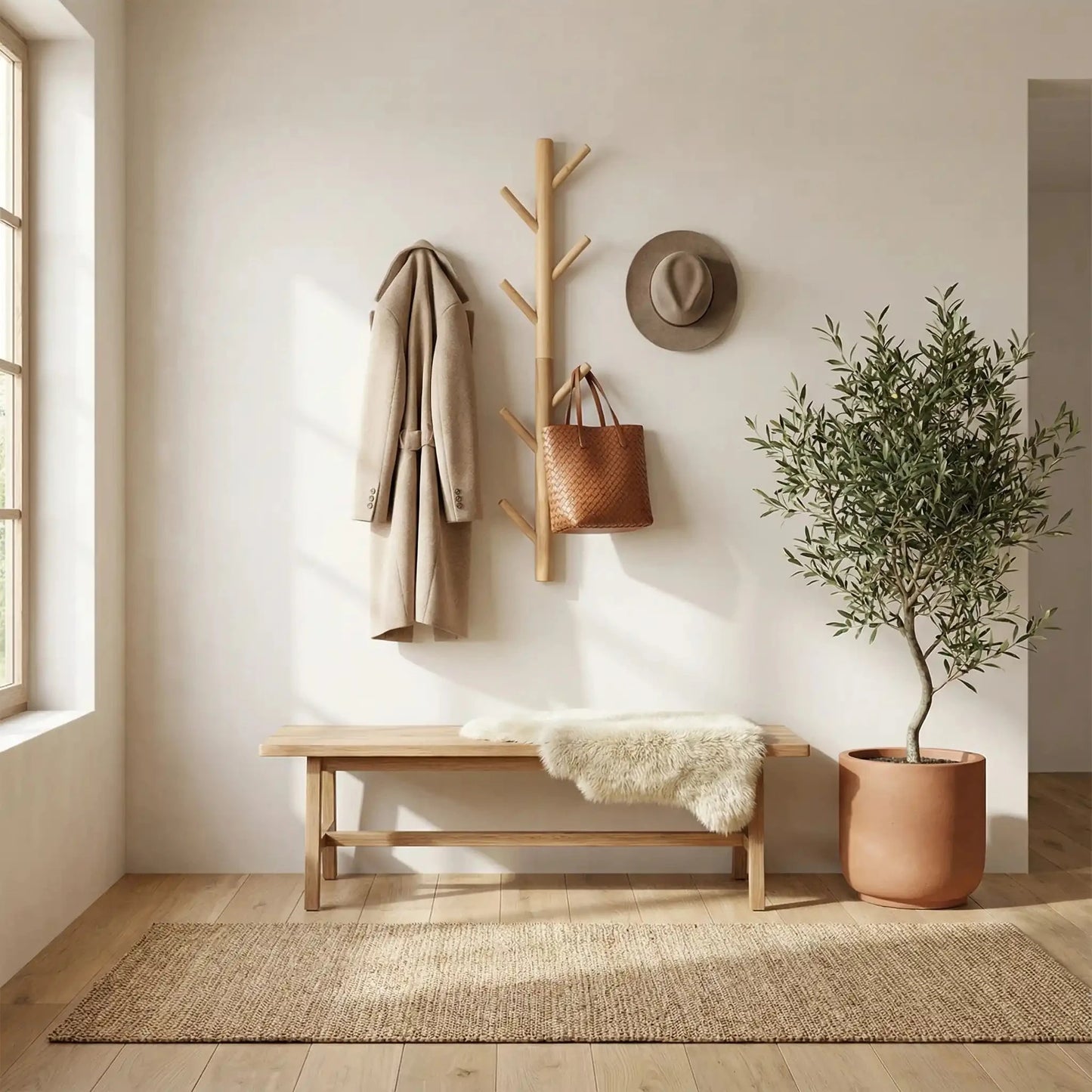 Porte‑manteau mural bois en forme d’arbre avec manteau beige, sac tressé et chapeau dans une entrée moderne.