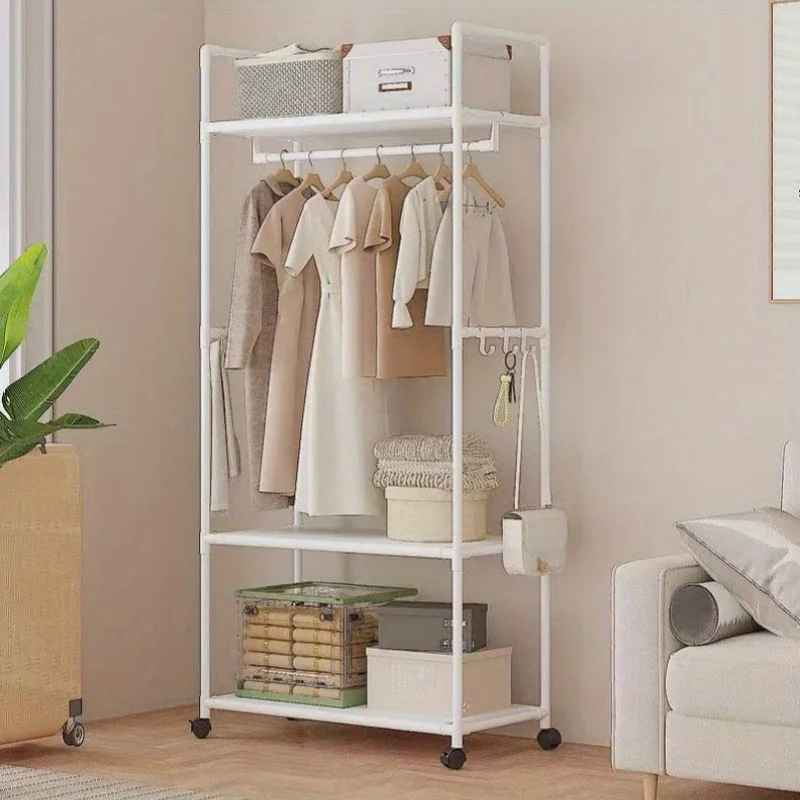 Porte-manteau sur pied blanc mobile en métal avec étagères de rangement pour chambre