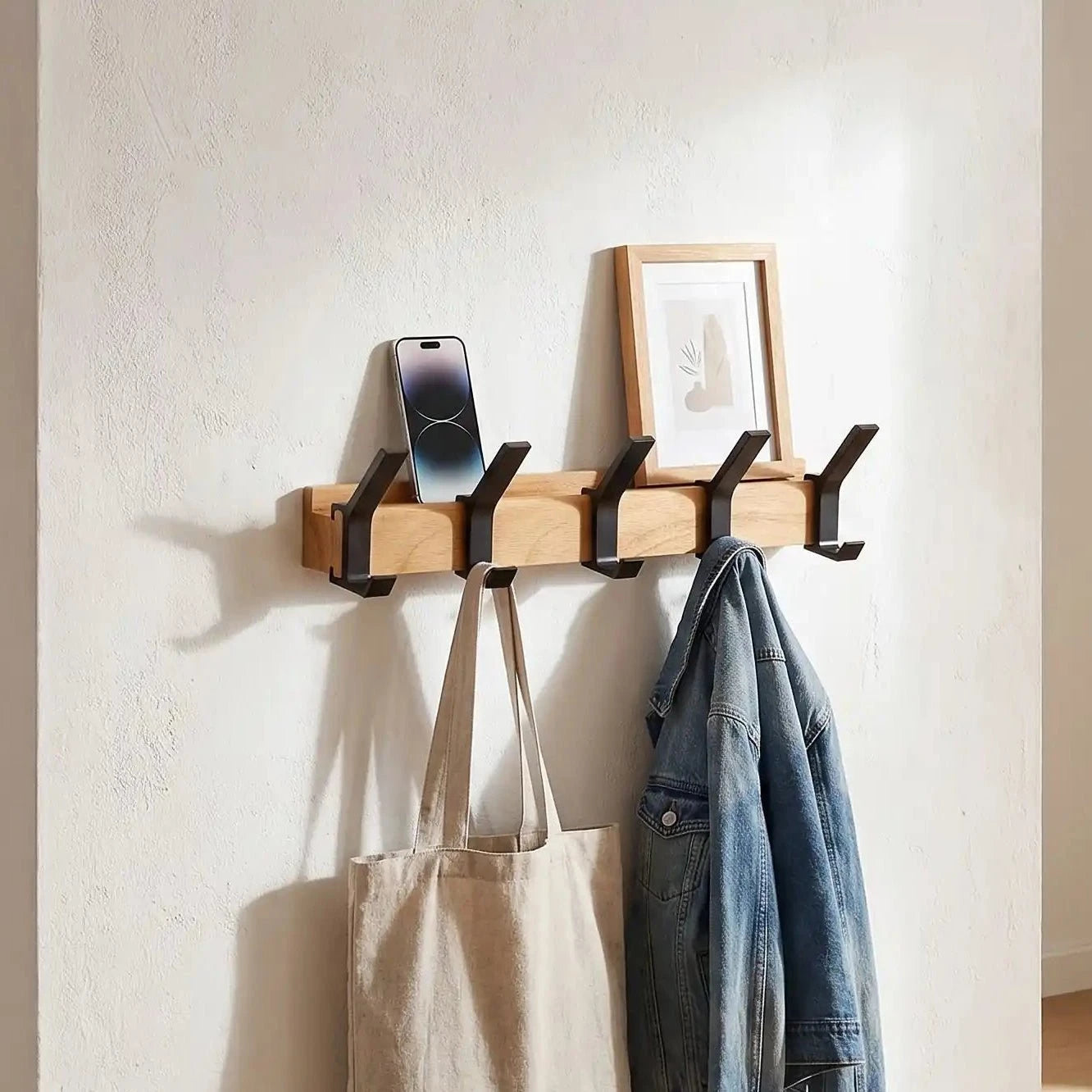 Porte‑Manteau Bois Mural | Étagère & Crochets Mobiles MobileHook™ Porte-manteau mural Rangement signature