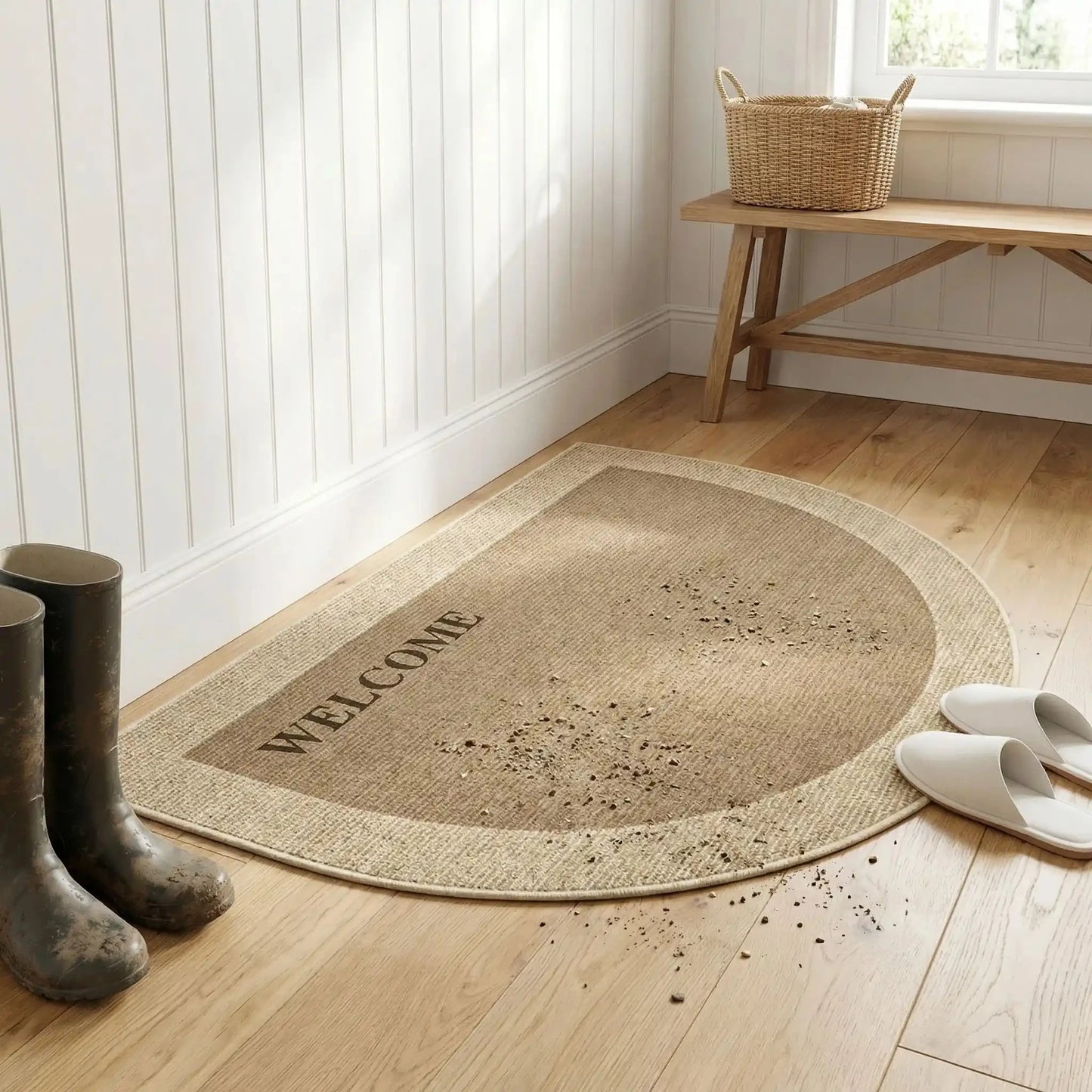 tapis d'entrée intérieur velours cristal beige antidérapant pour garder l'entrée propre même par temps humide