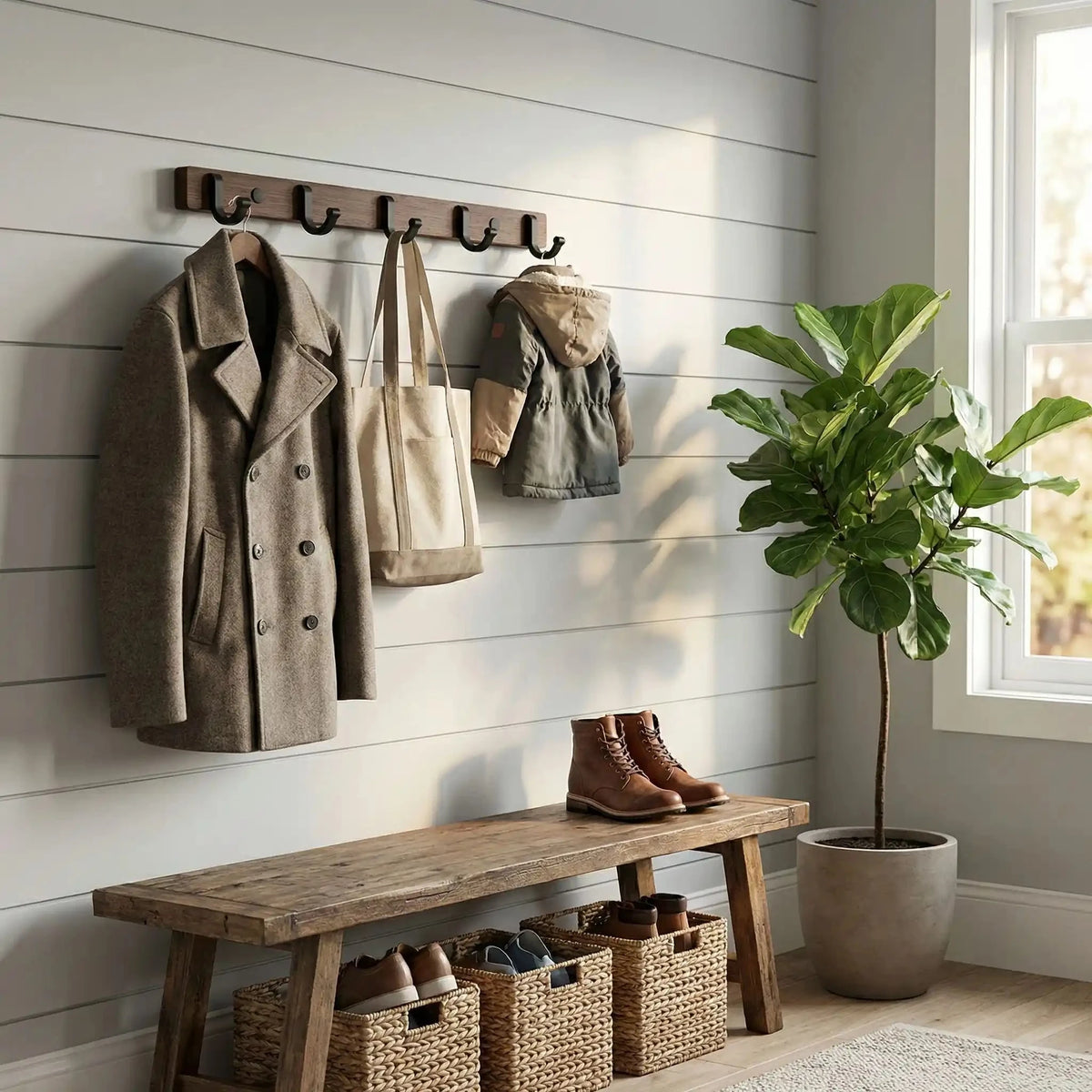 Porte‑manteau mural design en bois et métal avec manteau long, sacs et banc de rangement 5 crochets 