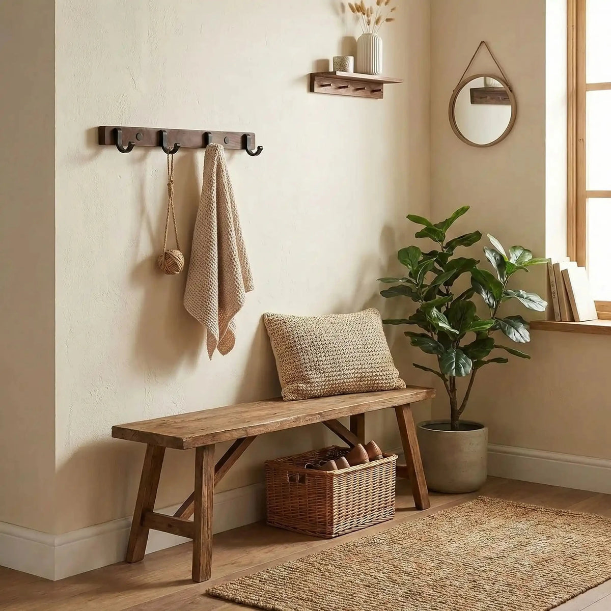 Porte‑manteau mural design en bois et métal avec banc confortable 4 crochets 