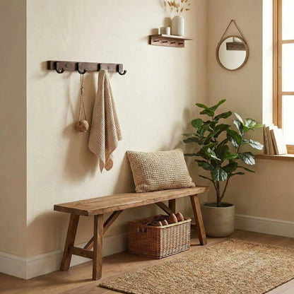 Porte‑manteau mural design en bois et métal avec banc confortable 4 crochets 