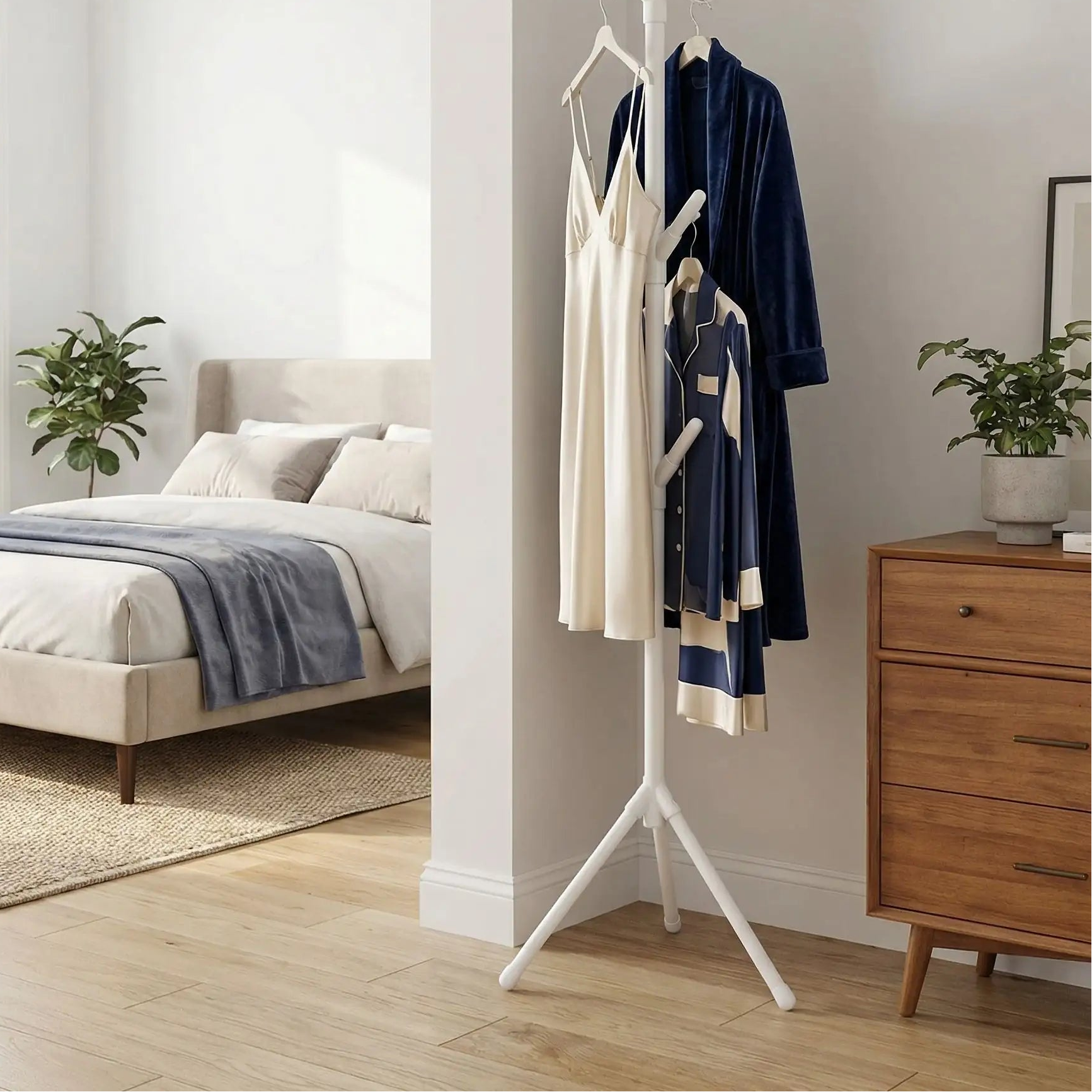 Porte-manteau sur pied blanc laqué PlastiCoat™ utilisé dans une chambre moderne avec des vêtements de nuit suspendus, ambiance lumineuse et épurée.