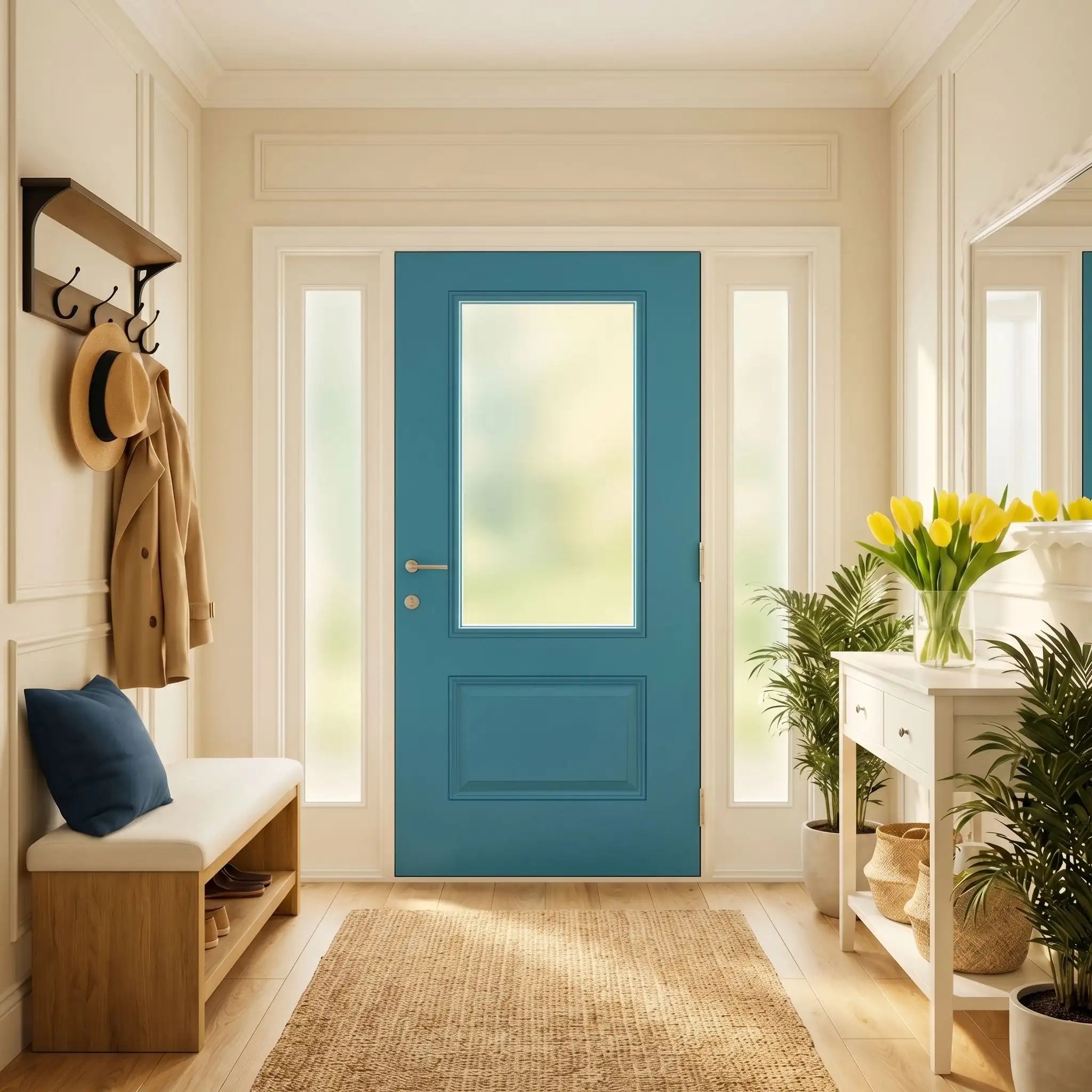 Vue d'une entrée de maison lumineuse et épurée avec décoration minimaliste et fleurs jaunes, reflétant l'univers Rangement Signature.