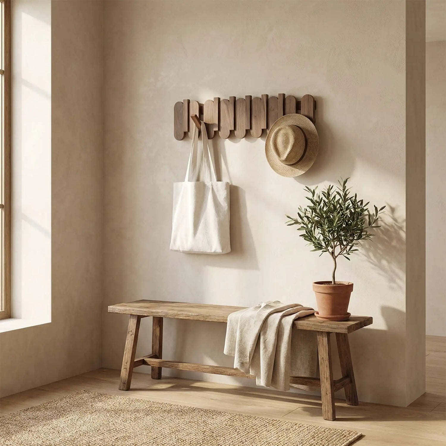 Porte-manteau mural design en bois de noyer massif installé dans une entrée épurée avec décoration naturelle.