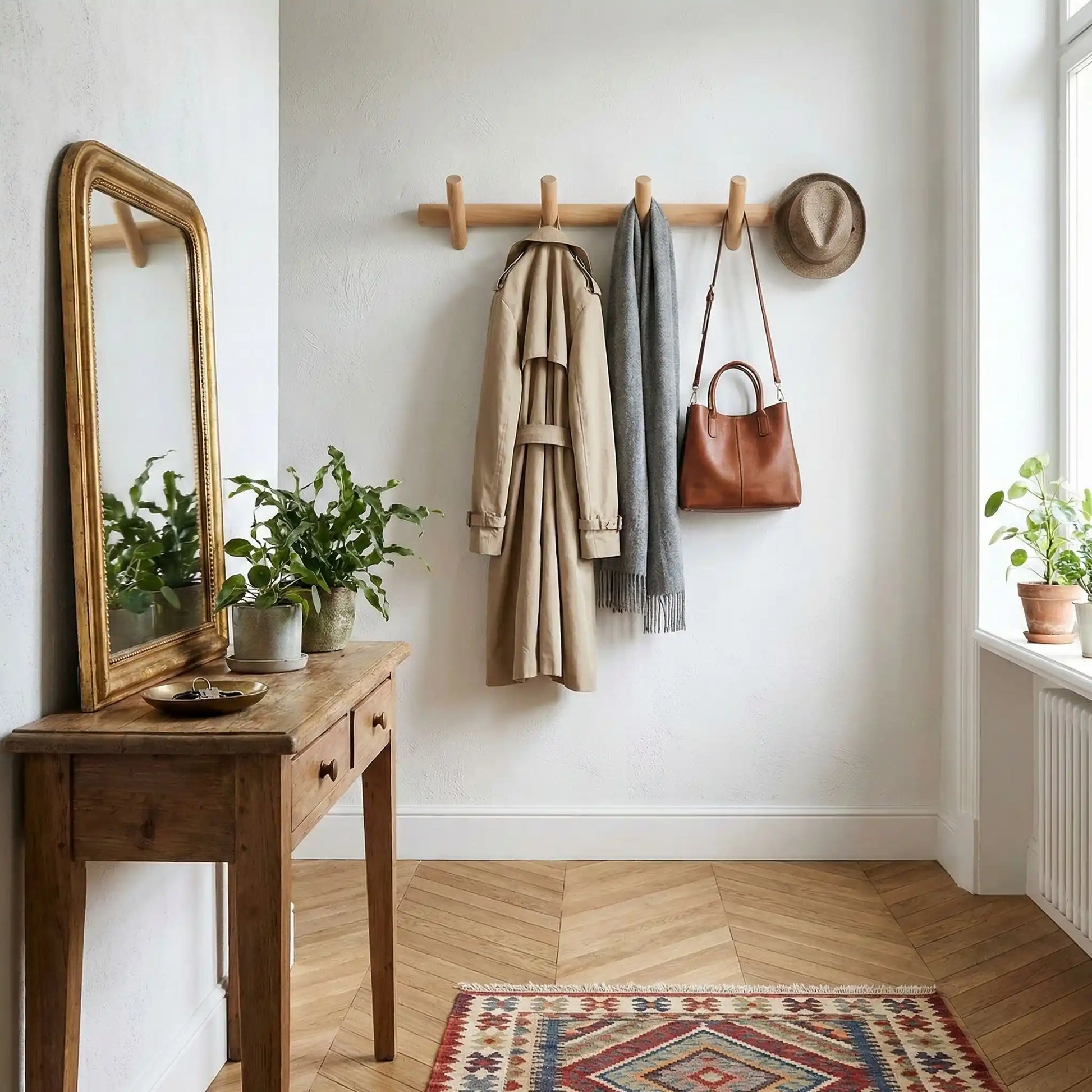 Porte manteau mural en bois avec Aménagement d'une entrée avec un miroir doré, une console en bois et un porte-manteau mural en bois supportant une veste et un chapeau.