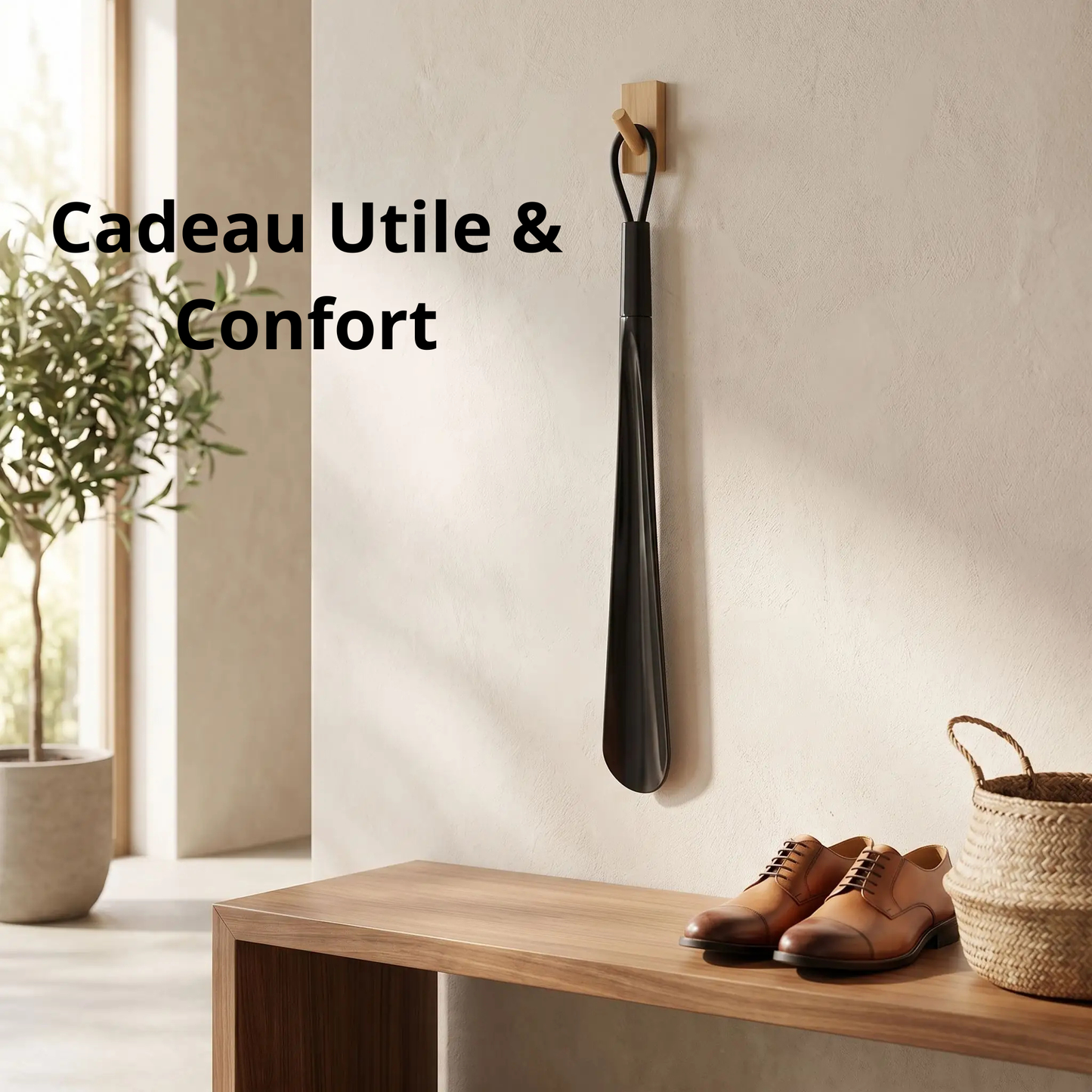 Chausse-pied extra long noir suspendu au mur avec texte superposé : "Cadeau Utile & Confort"