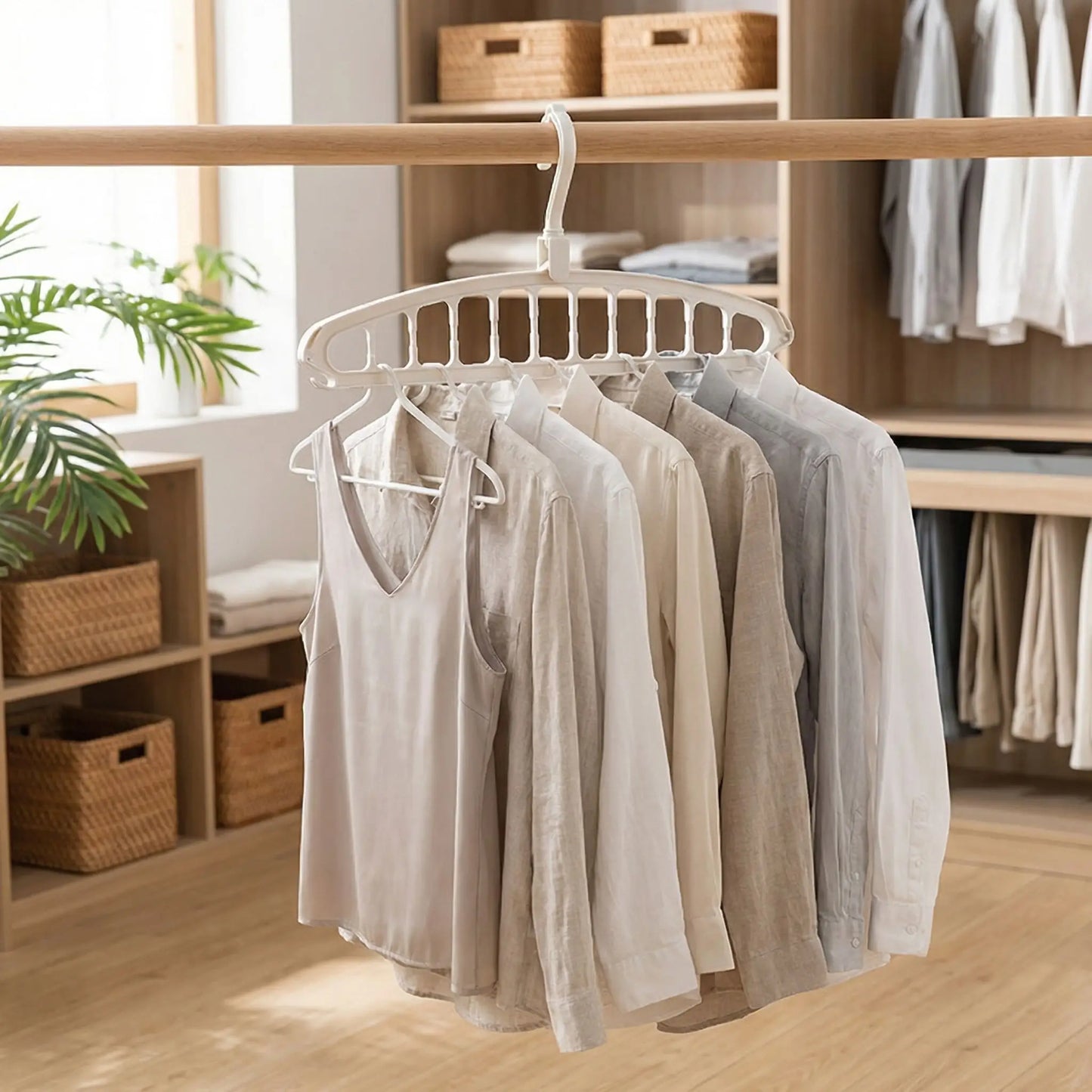 Cintres multi-niveaux blancs utilisés dans un dressing moderne pour organiser des chemises et gagner de la place.