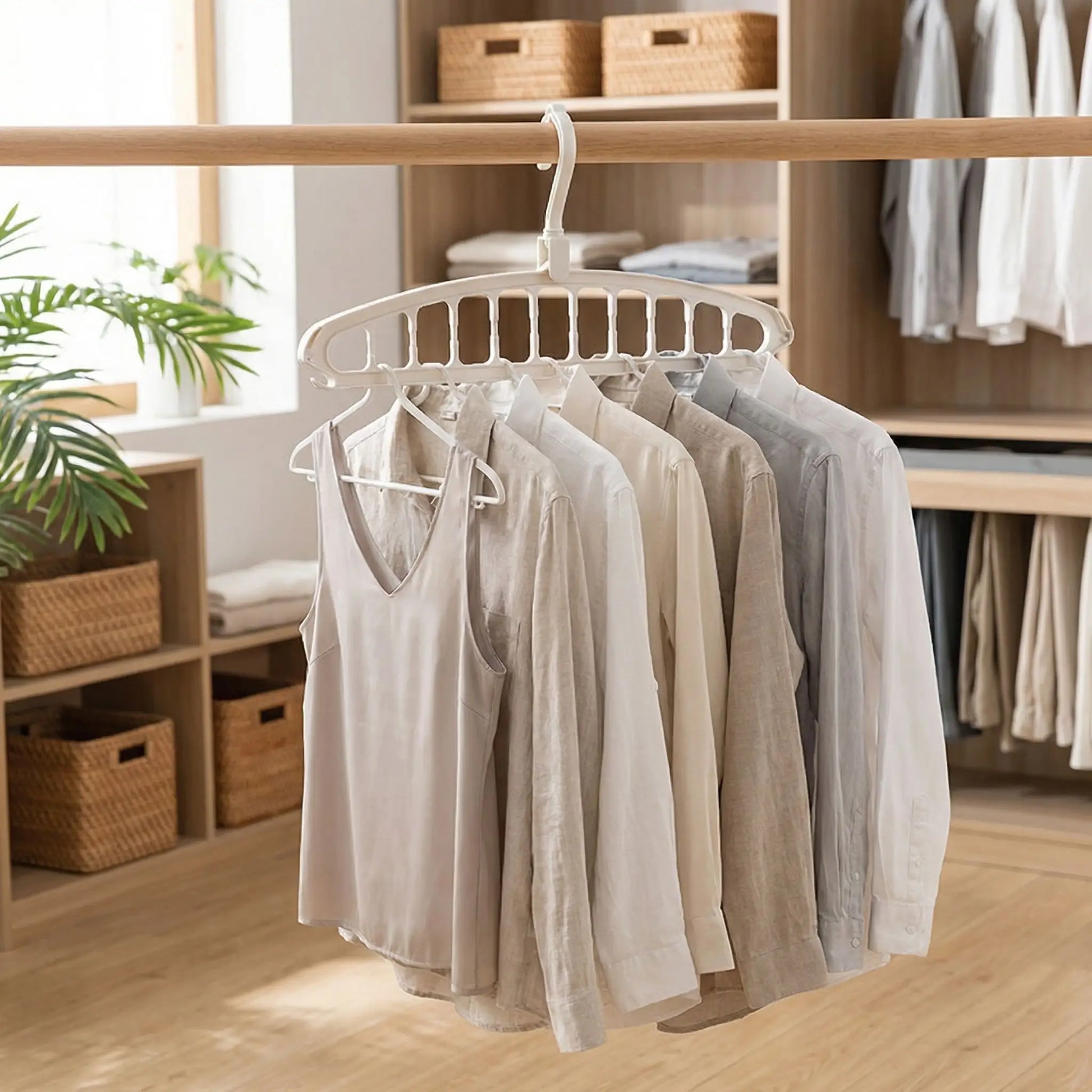 Cintres multi-niveaux blancs utilisés dans un dressing moderne pour organiser des chemises et gagner de la place.
