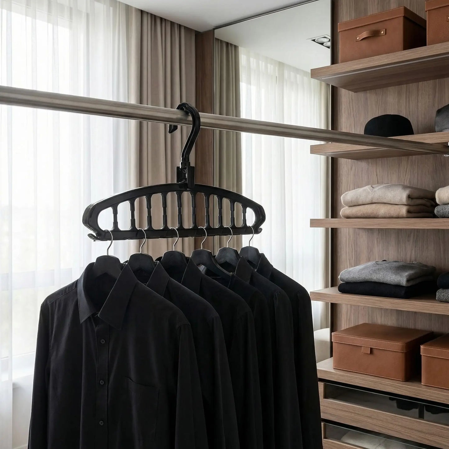 Cintre multi-niveaux noir intense en position horizontale dans un dressing élégant, idéal pour suspendre des chemises sombres.