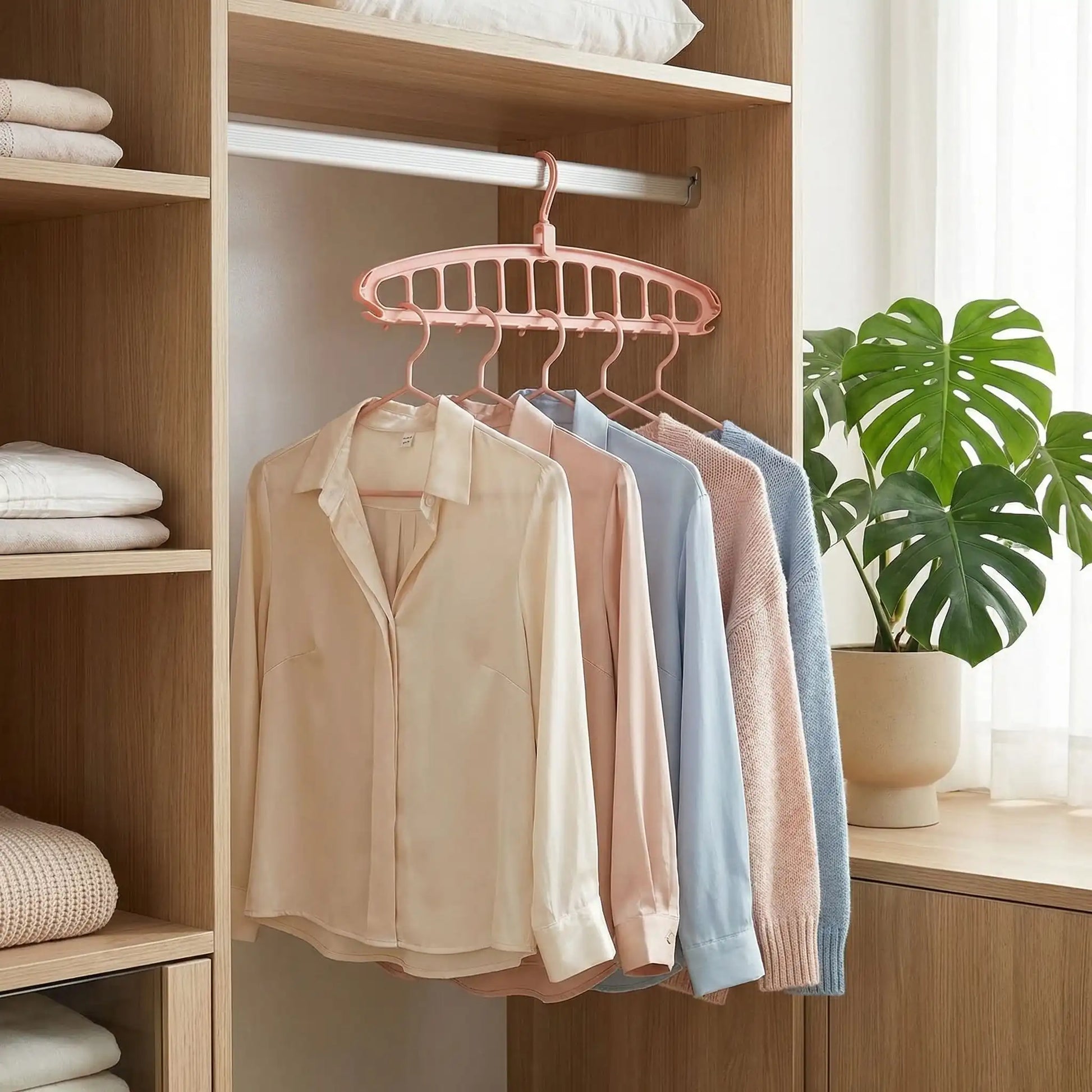 Pack de 3 cintres multi-niveaux rose poudré avec finition mate, parfaits pour un rangement de dressing esthétique et organisé.