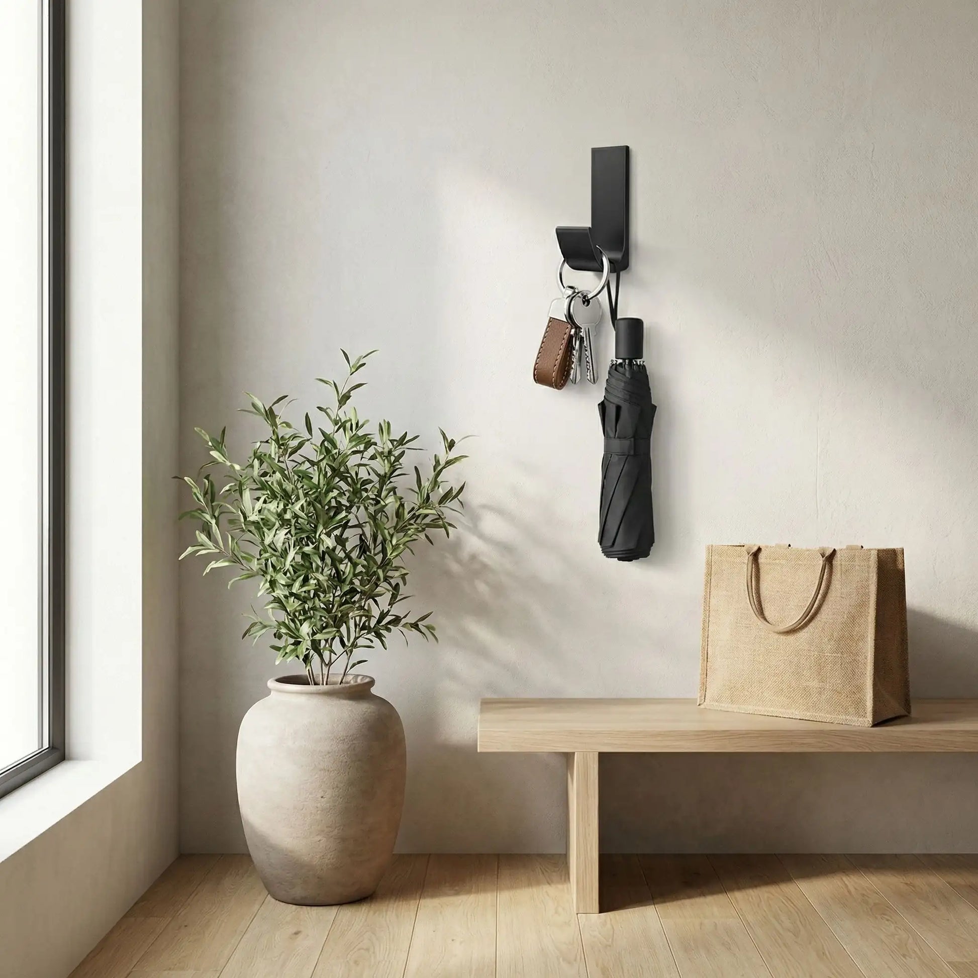 Crochet adhésif en aluminium avec clés et parapluie