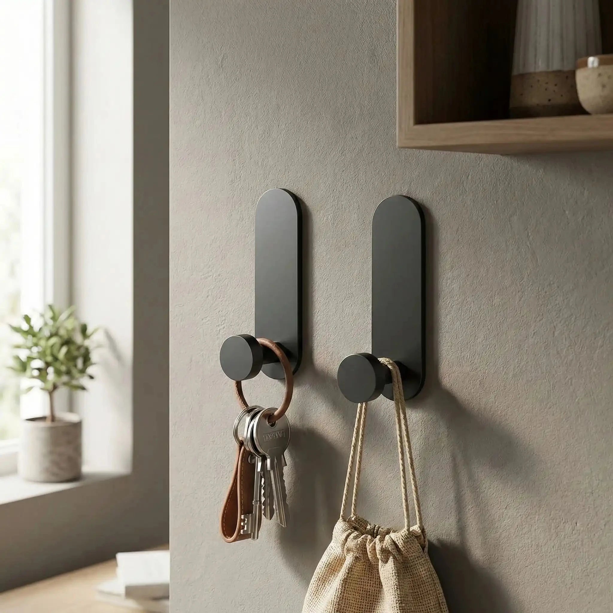 Crochet adhésif sans perçage en acier inoxydable gris, utilisé pour organiser clés et sac dans un intérieur minimaliste.