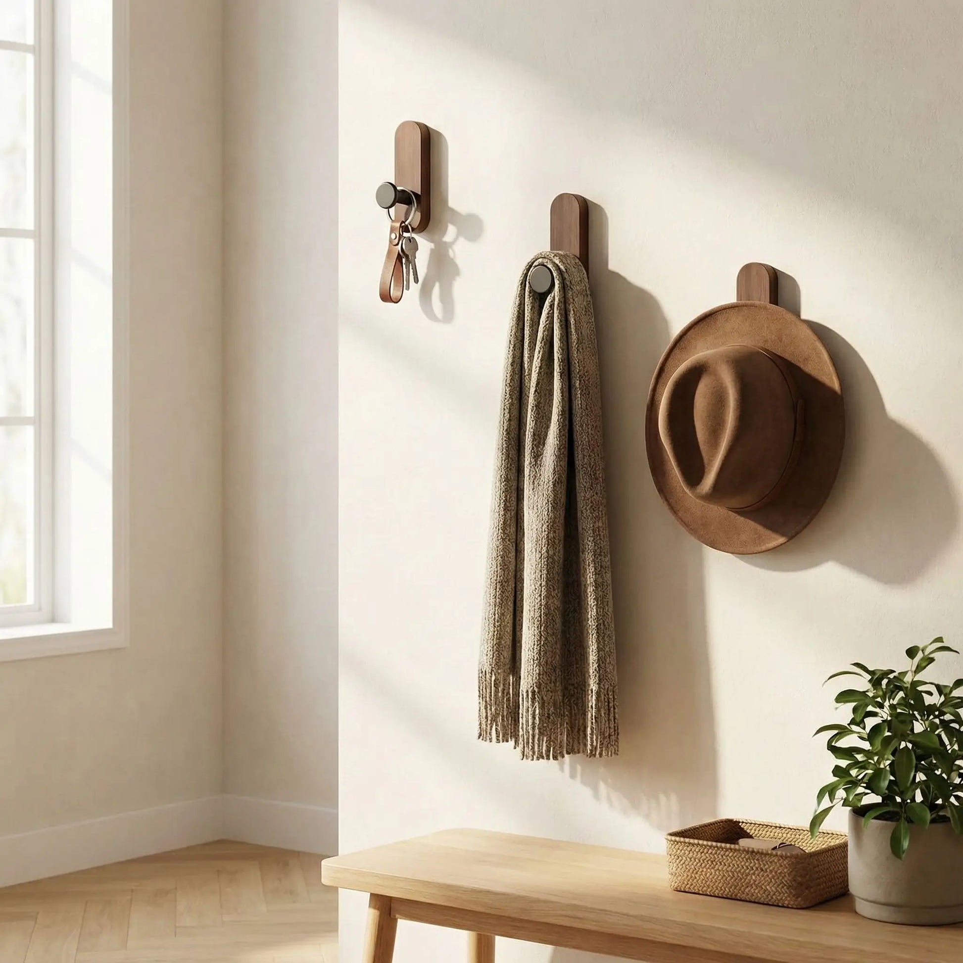 Crochet adhésif noyer avec clés écharpe et chapeau