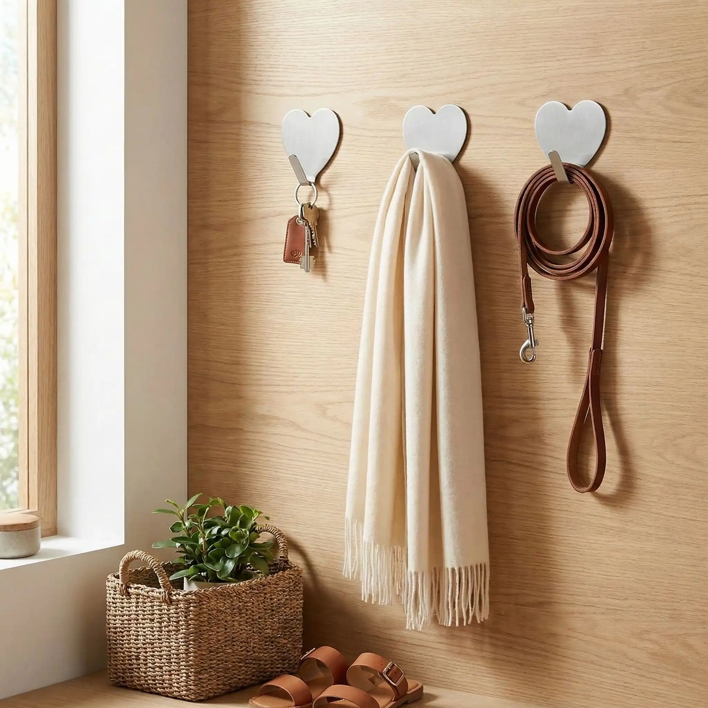 Crochet mural adhesif en forme de cœur avec clés, écharpe et laisse pour chien