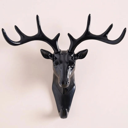 Crochet mural adhésif tête de cerf noir sans perçage, parfait pour une entrée contemporaine et élégante