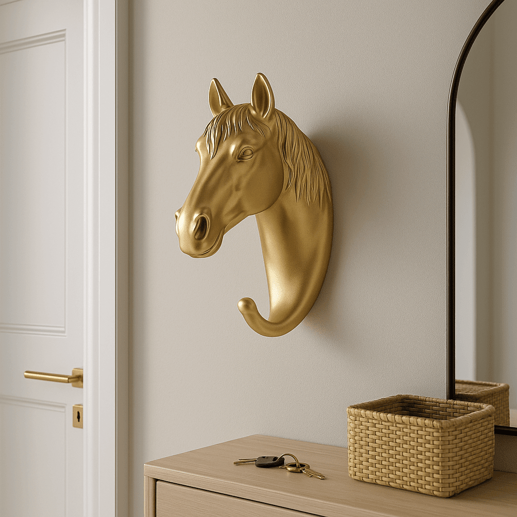Crochet mural doré en forme de tête de cheval, accessoire de décoration murale élégant pour entrée.