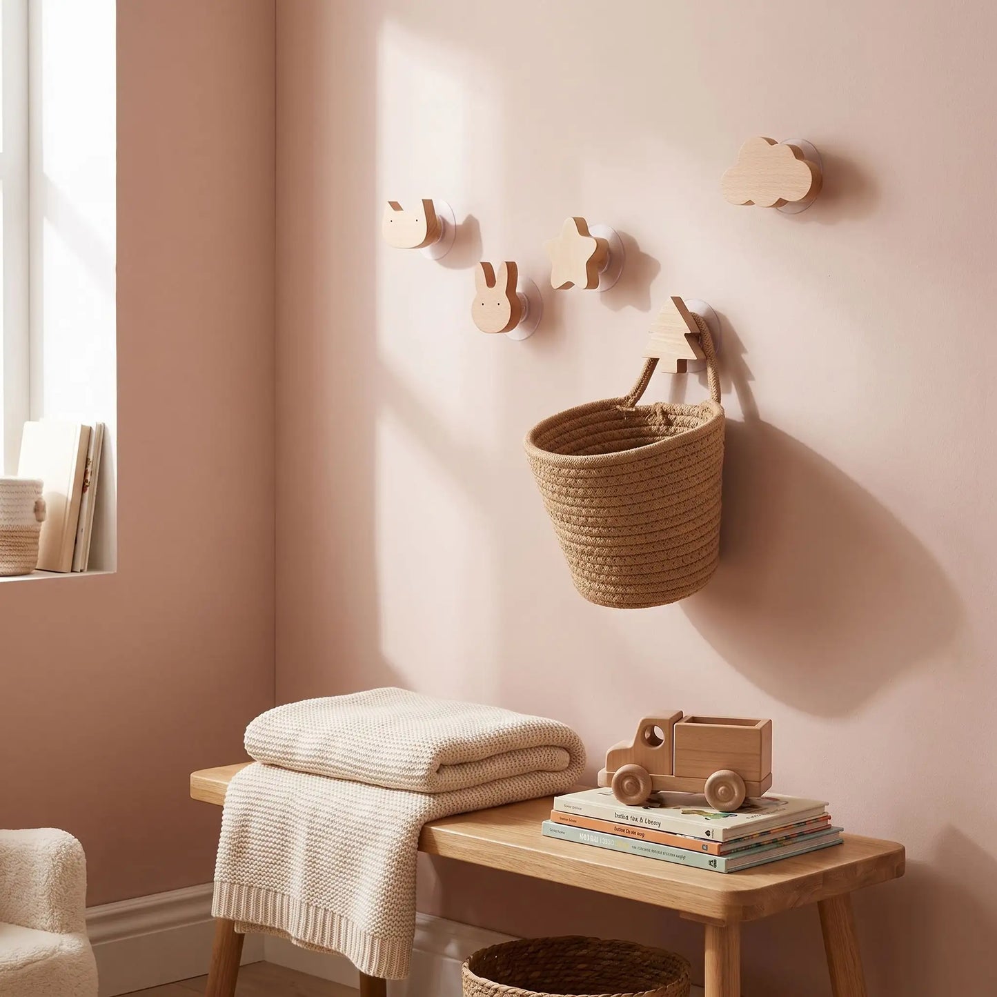 Crochet mural sans perçage en bois naturel, parfait pour optimiser l’espace mural sans abîmer le mur