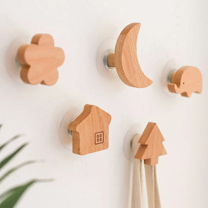 Crochet mural sans perçage en bois naturel, design minimaliste pour suspendre accessoires du quotidien