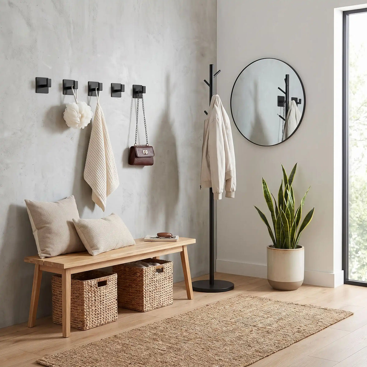 Crochets muraux adhésifs en aluminium noir mat, parfaits pour un rangement mural moderne et élégant