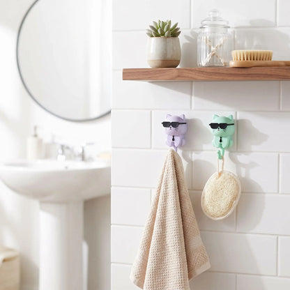 Crochets muraux adhésifs Chat “Cool” sans perçage, design décoratif pour une salle de bain harmonieuse