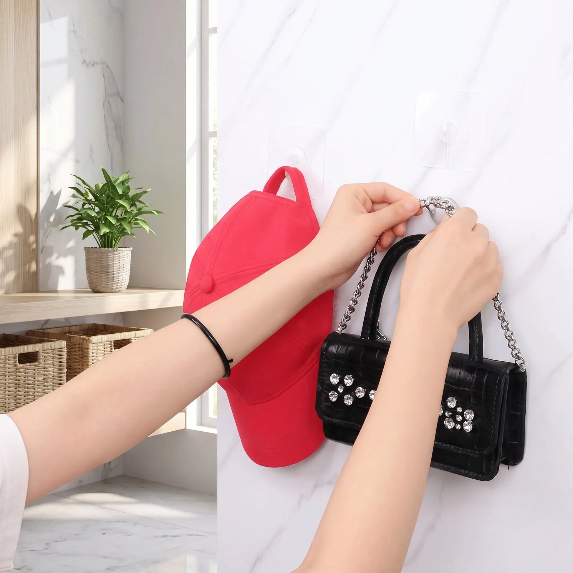 Crochets muraux adhésifs transparents, parfaits pour un rangement invisible et harmonieux dans l’entrée