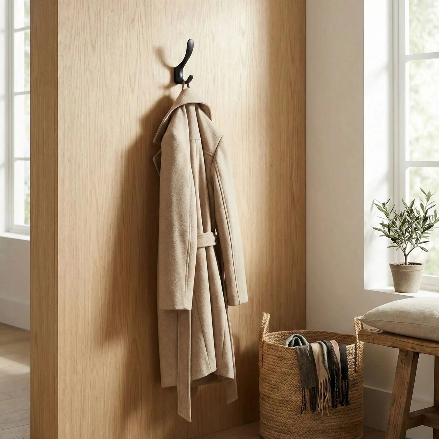 Crochets muraux alliage de zinc elegant moderne utilisés pour accrocher manteau dans une entrée chaleureuse avec panier en osier