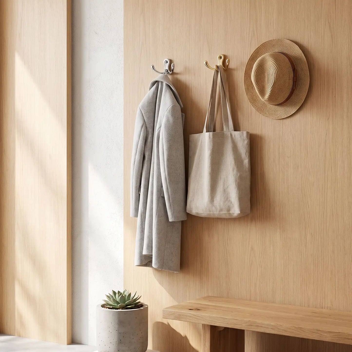 Crochets muraux adhésifs en aluminium, style moderne et épuré, design minimaliste pour une entrée harmonieuse