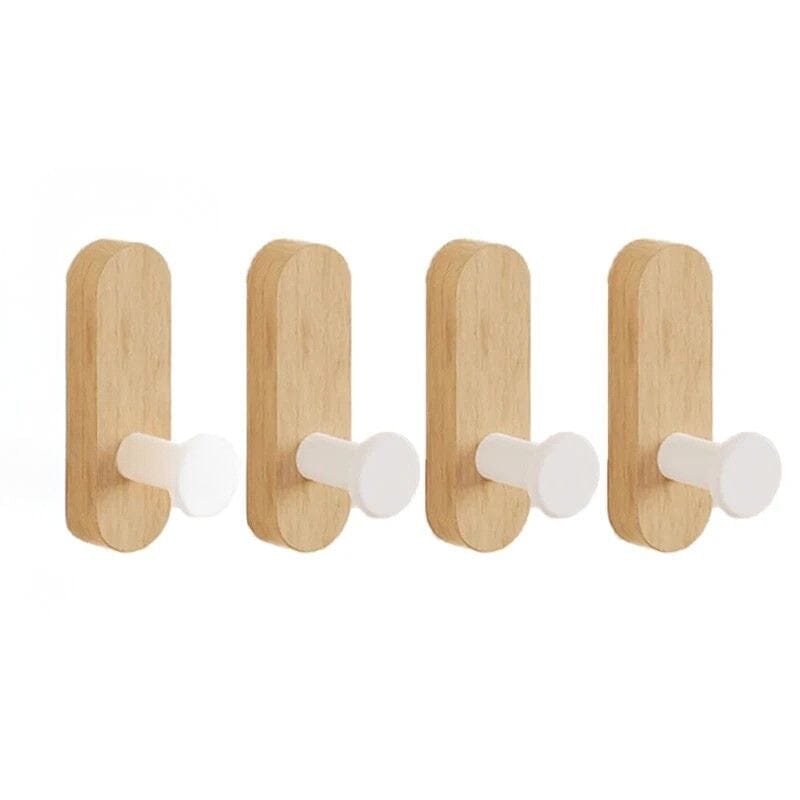Crochets muraux bois massif hêtre sans perçage en lot de 4 pour organiser manteaux, sacs et accessoires dans une entrée scandinave