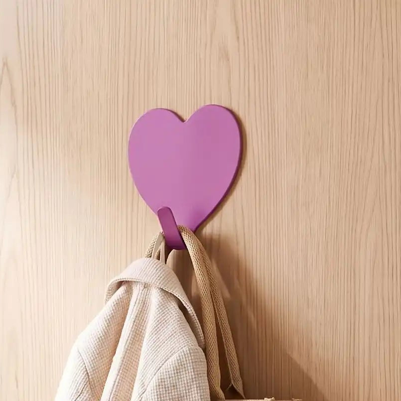 Crochets muraux cœur violets, fixation solide sans perçage, idéals pour une entrée moderne et colorée