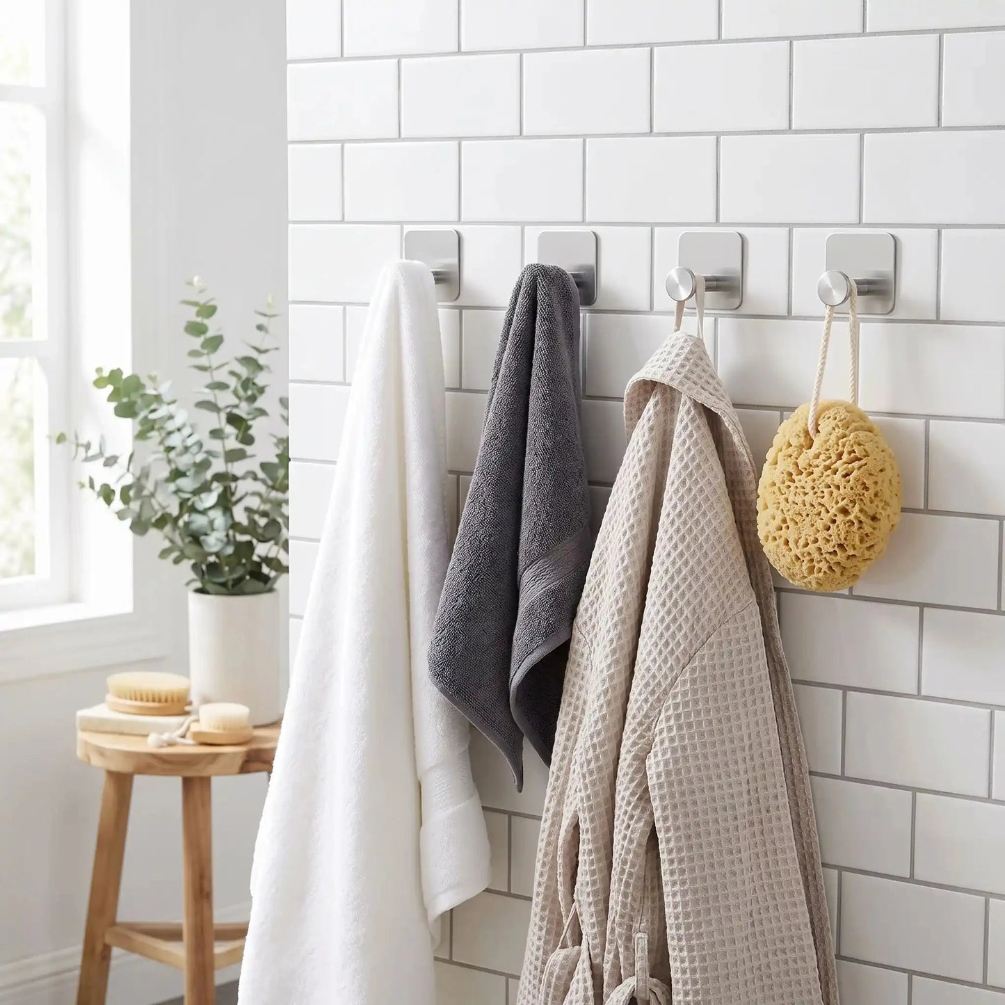 Crochets muraux design moderne sans perçage argent en lot de 4 pour organiser manteaux, sacs et accessoires dans une entrée élégante 