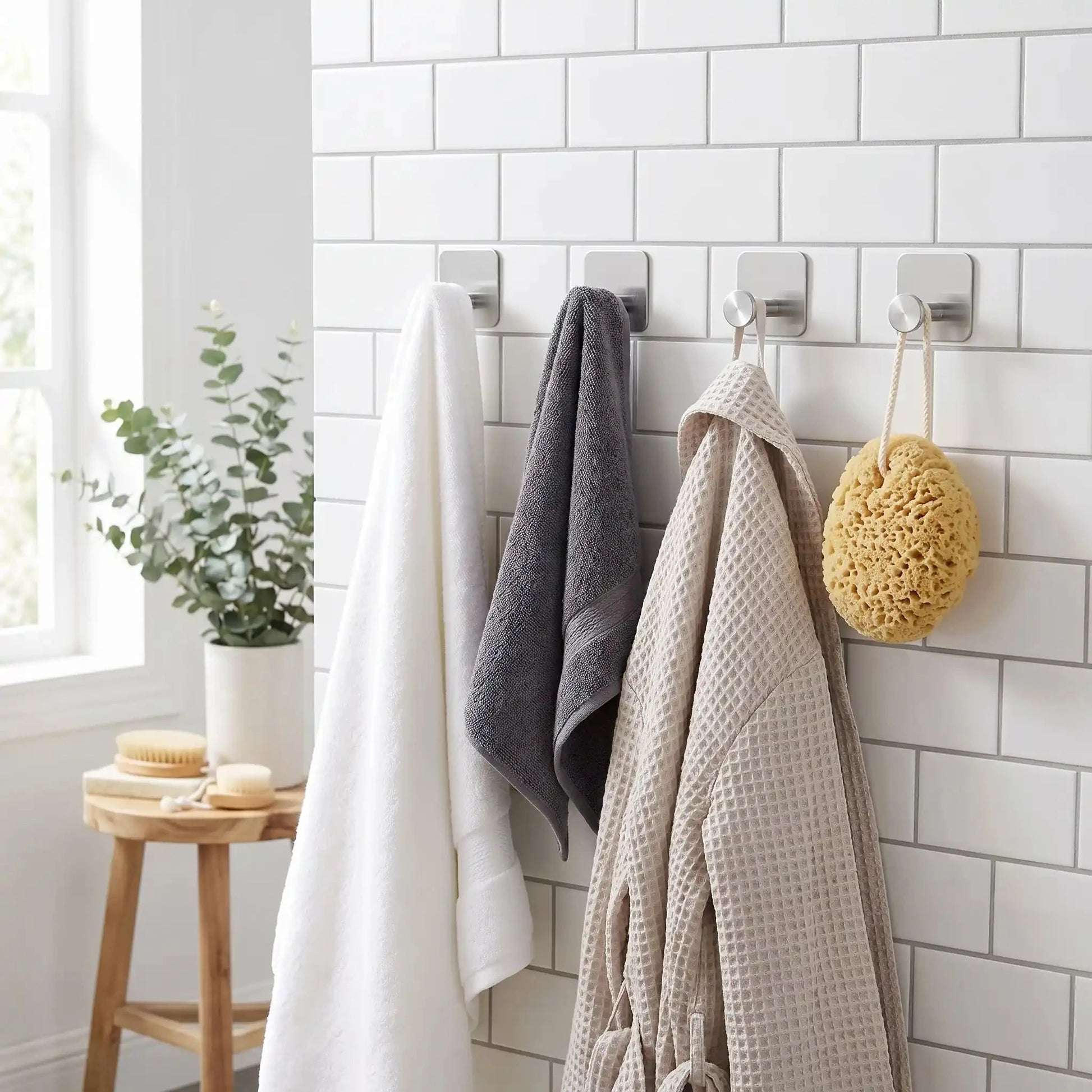 Crochets muraux design moderne sans perçage argent en lot de 4 pour organiser manteaux, sacs et accessoires dans une entrée élégante 