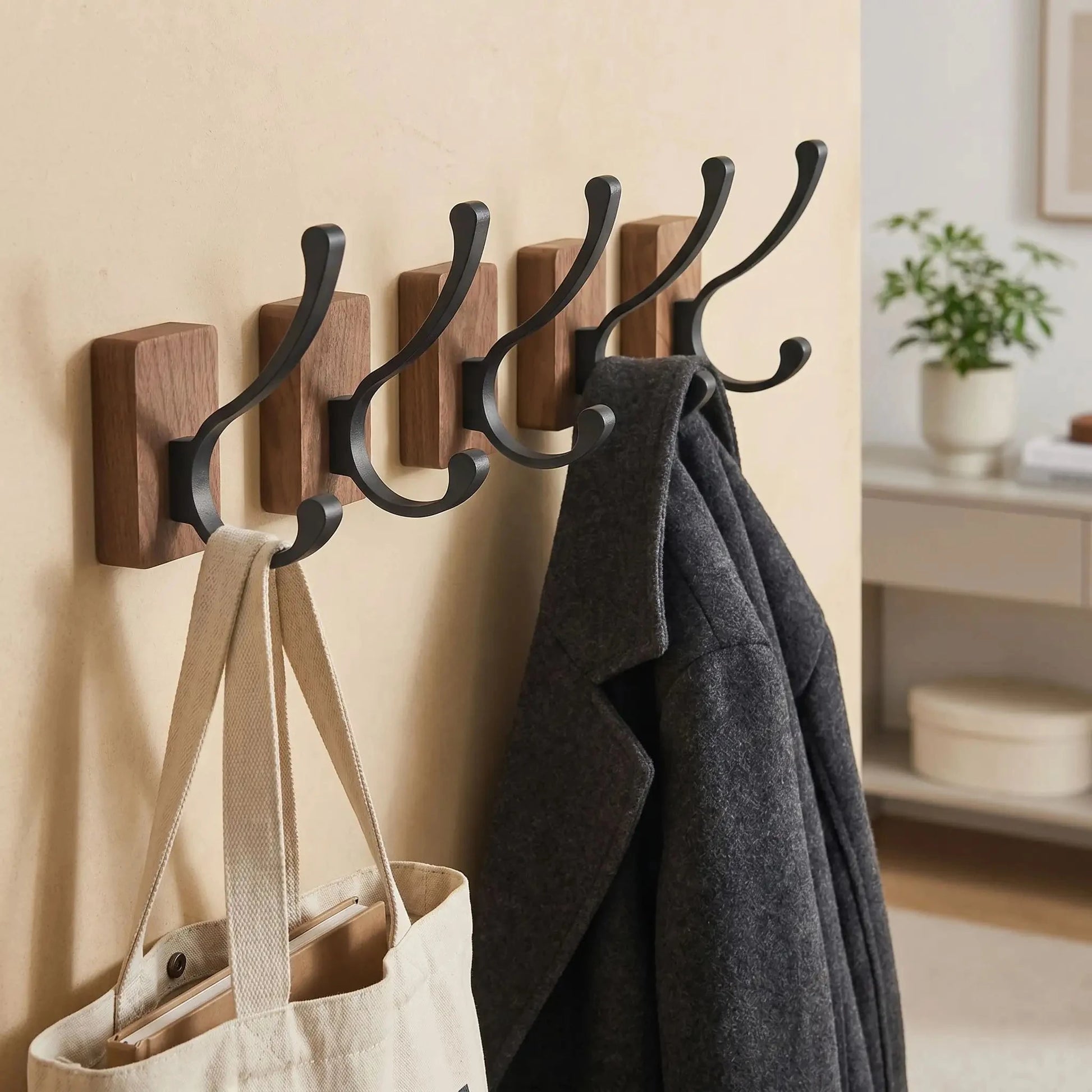 Crochets Muraux en Noyer Noir | Lot de 4 Bois Massif Sans Perçage Patère et Crochet Rangement signature 