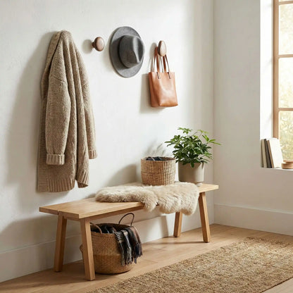 Crochets muraux noyer avec manteau et chapeau